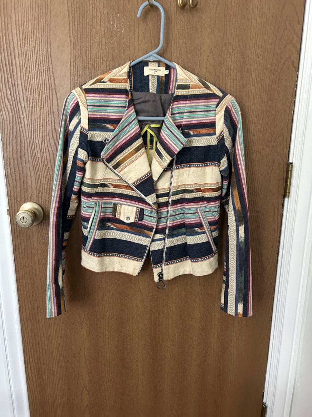 Vintage Blanket Striped Moto Jacket in Navy, Cream, Pink & Green | Size S